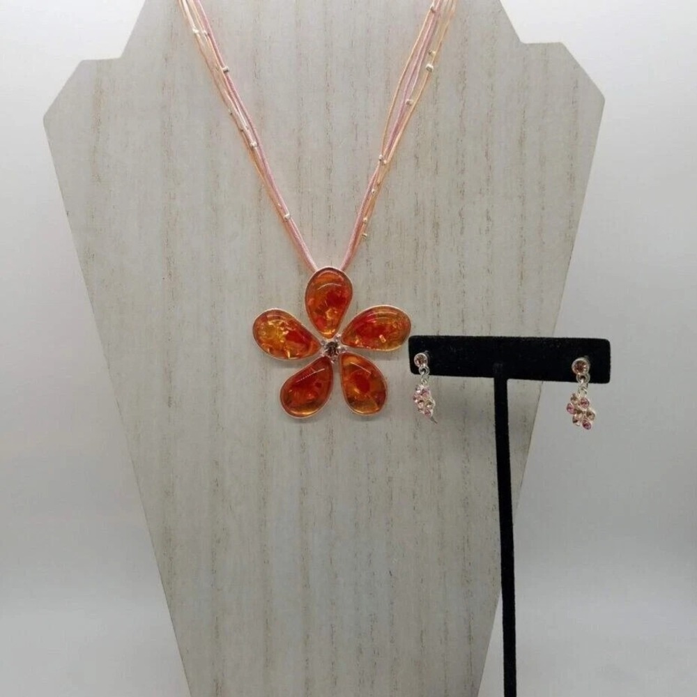 Fashion Jewelry Set Orange Flower Pendant Necklace Pink Rhinestone Dangle